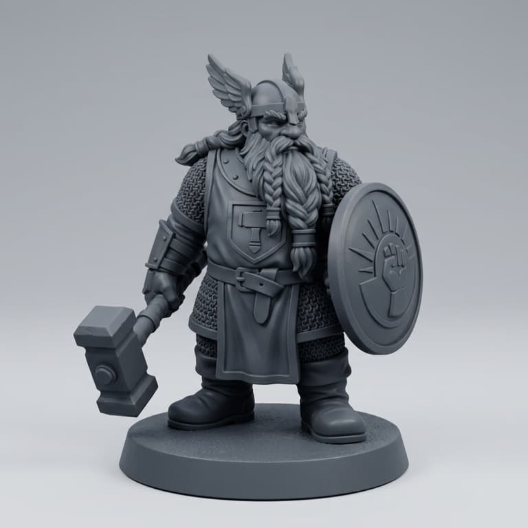 DnD party miniature maker base concept — dwarf paladin with warhammer and round shield