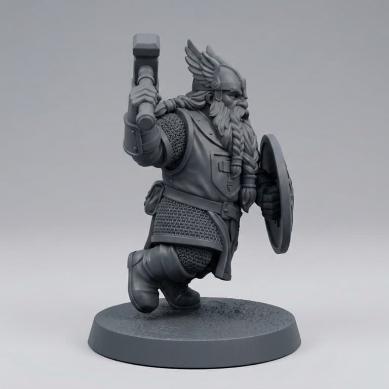 High Fidelity derived left view of the dwarf paladin miniature